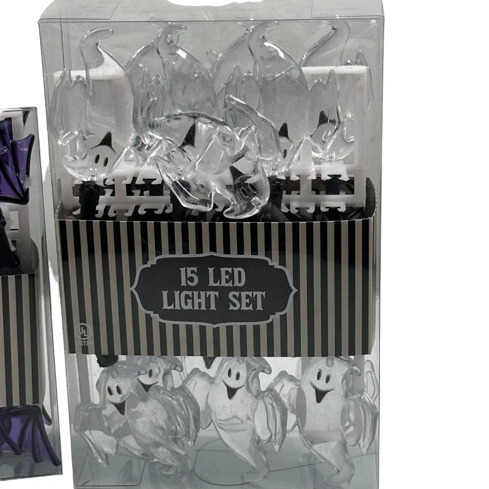 Halloween Purple Bats 20 Clear Ghosts 15 String Led Lights Set of 2